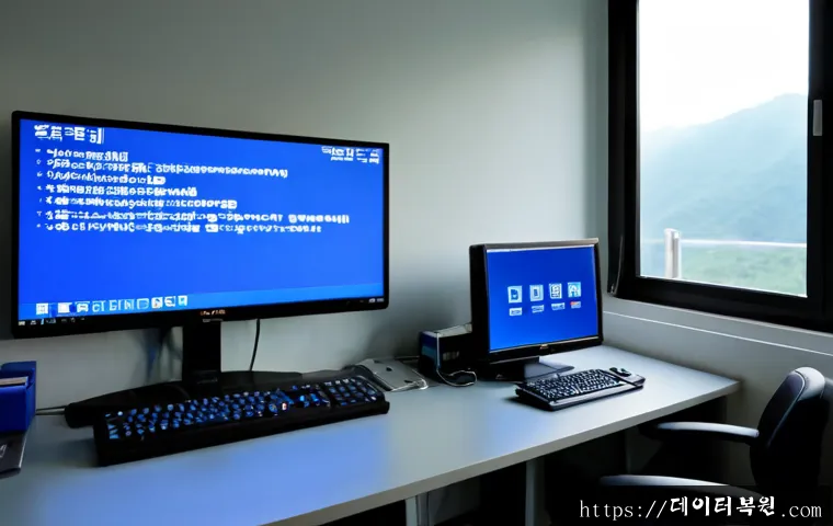 중부면 BAD_SYSTEM_CONFIG_INFO - Photorealistic IT support workstation in a quiet semi-rural Korean office, ultrawide monitor showing...