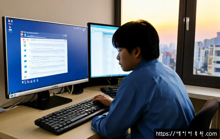 동자동 NTLDR is compressed - Photorealistic IT support workstation in a compact Dongja-dong office, desktop monitor showing a tex...