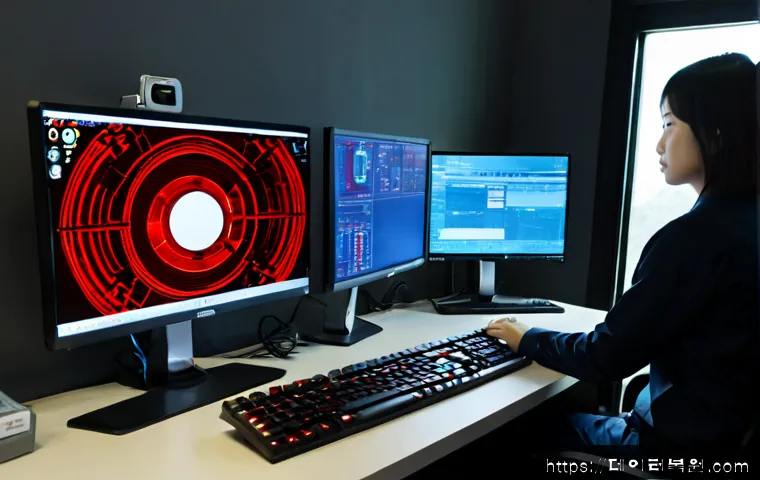 미아리 STATUS_KERNEL_MODULE_INVALID - Photorealistic IT support workstation in a compact northern Seoul electronics office, dual monitors ...