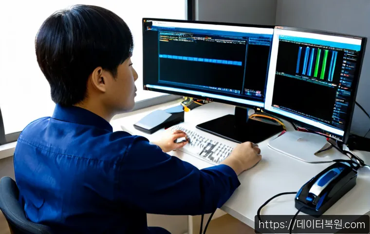 중대동 KERNEL_STACK_INPAGE_ERROR - Photorealistic IT support workstation in a quiet suburban Korean apartment office, dual monitors wit...