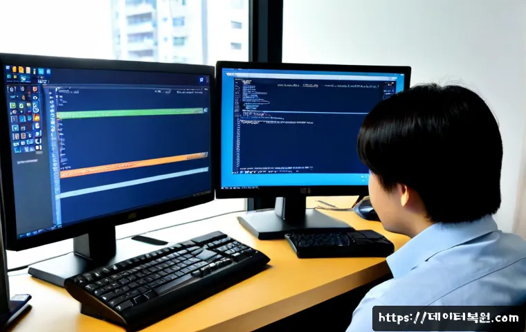 삼송동 STATUS_SYSTEM_FILE_MISSING - Photorealistic IT support workstation in a modern mixed-use apartment office near a quiet Korean sub...