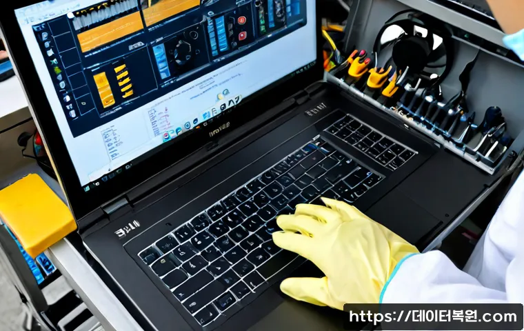 대방동 맥북프로 판매 및 수리 - Photorealistic premium laptop repair bench in a compact Daebang-dong electronics workshop, technicia...