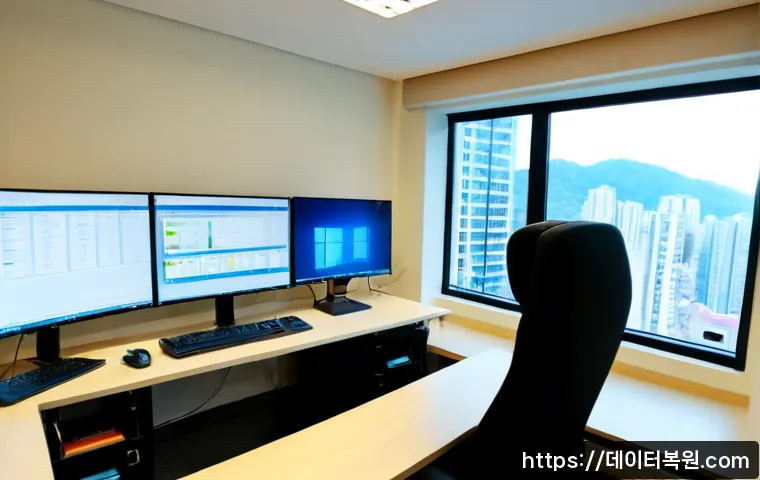 양천구 SESSION_HAS_VALID_VIEWS_ON_EXIT - Photorealistic IT support workstation in a bright Yangcheon-gu apartment office, dual monitors showi...