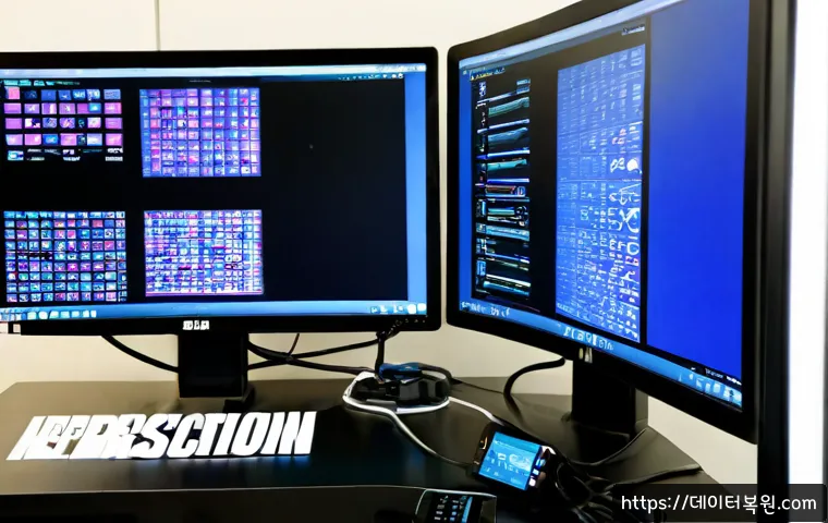 사리현동 PAGE_TABLE_CORRUPT - Photorealistic IT support workstation in a compact Korean neighborhood office, dual monitors display...