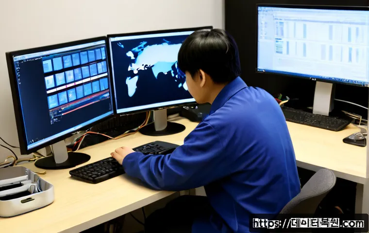 서교동 pc복구중 - Photorealistic computer recovery workstation in a compact Seogyo-dong studio office, technician care...