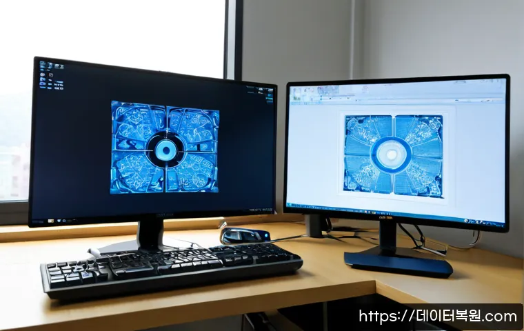 성내동 THREAD_STUCK_IN_DEVICE_DRIVER - Photorealistic Korean office workstation in Seongnae-dong, dual monitors frozen during a complex 3D ...