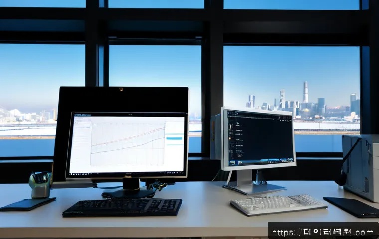 소공동 THREAD_TERMINATION_PORT - Photorealistic engineering workstation in a refined Sogong-dong office tower, dual unbranded monitor...