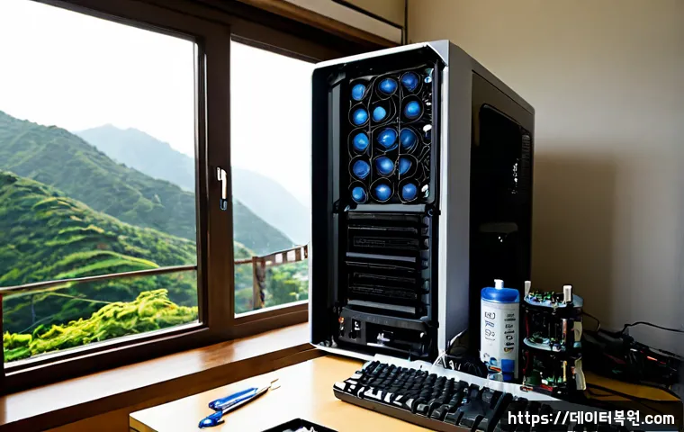 성북동 쿨러조립 및 교체수리 - Photorealistic PC repair workstation in a quiet Seongbuk-dong home office, technician installing a l...