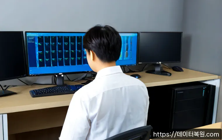 평동 BAD_POOL_CALLER - Photorealistic IT support workstation in a compact Pyeong-dong office, dual monitors showing abstrac...