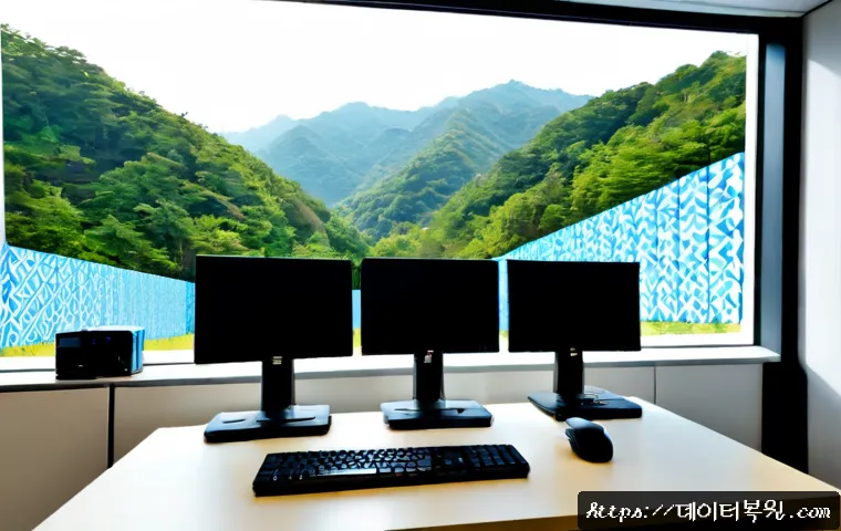 벽제동 IRQL_NOT_LESS_OR_EQUAL - Photorealistic IT support workstation in a quiet Byeokje-dong office, dual monitors showing abstract...