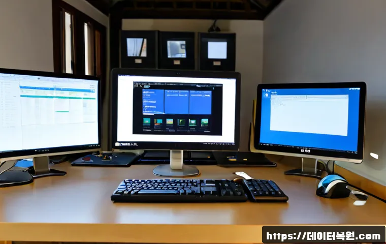 통의동 자동복구 - Photorealistic IT recovery workstation in a quiet Tongui-dong office, dual monitors showing a clean ...