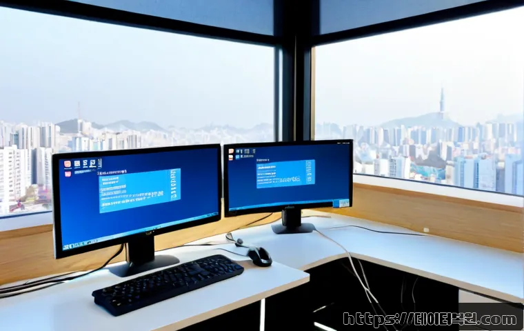 체부동 FAT32_FILE_SYSTEM - Photorealistic IT support workstation in a compact Seoul office near a traditional tiled rooftop vie...