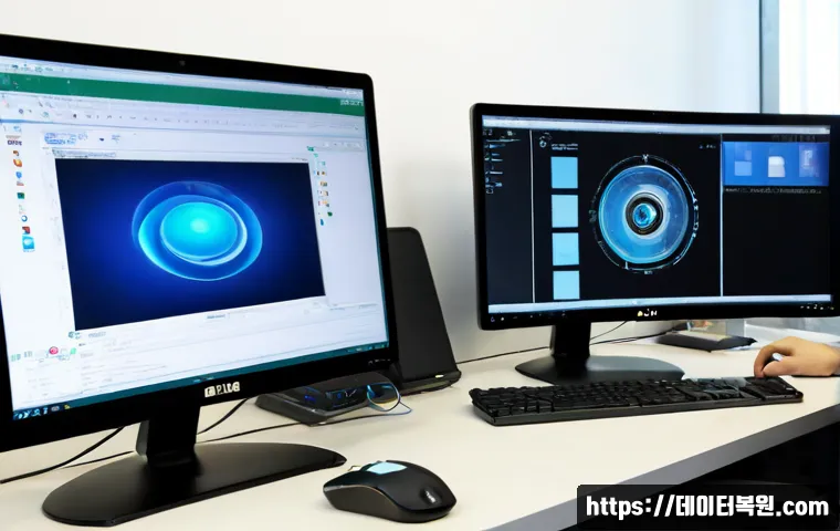 대흥동 STATUS_INVALID_OBJECT - Photorealistic compact software-support workstation in Daeheung-dong, dual monitors showing an abstr...