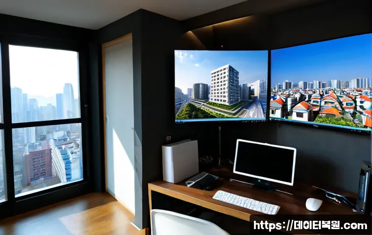 신공덕동 STATUS_IMAGE_INVALID - Photorealistic architectural workstation in a compact Seoul apartment near Singongdeok-dong, dual mo...