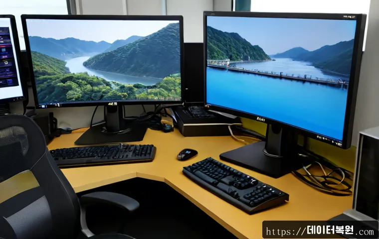 당산동 VIDEO_MEMORY_MANAGEMENT_INTERNAL - Photorealistic IT support workstation in a compact Dangsan-dong office near the river, dual monitors...