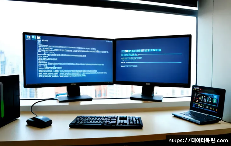 신수동 IRQL_NOT_LESS_OR_EQUAL - Photorealistic IT support workstation in Shinsu-dong, Mapo, dual monitors showing a blank blue diagn...
