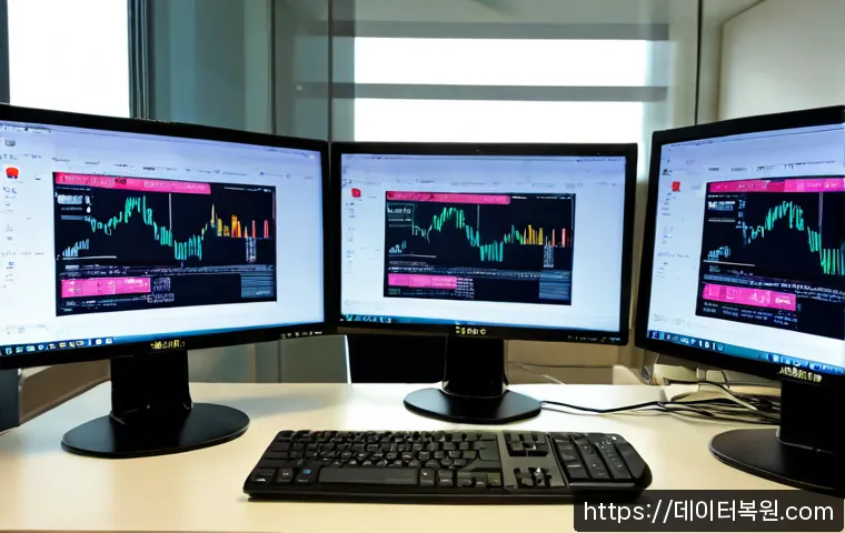현천동 STATUS_MODULE_CORRUPTION - Photorealistic software engineer workstation in a compact Hyeoncheon-dong office, dual monitors show...