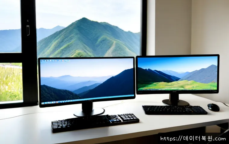 도봉구 STATUS_KERNEL_MEMORY_LEAK - Photorealistic IT support workstation in a quiet Dobong-gu office, dual monitors showing abstract me...
