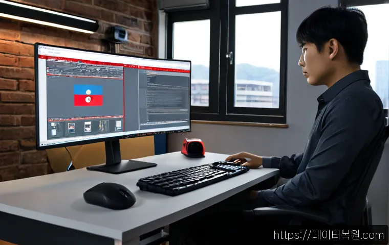 신설동 STATUS_SYSTEM_LICENSE_INVALID - Photorealistic technical designer at a dual-monitor workstation, a dimmed license-warning style dial...