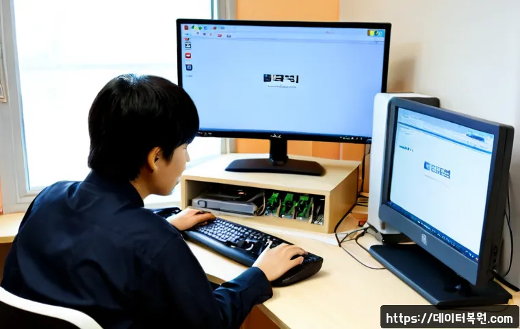 흥도동 신호없음 - Photorealistic remote-support workstation in a compact Korean neighborhood office, desktop monitor s...
