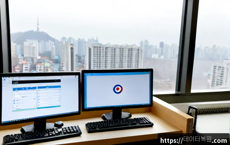 수궁동 STATUS_MODULE_ACCESS_DENIED - Photorealistic remote-support workstation in a compact Seoul apartment office, dual monitors showing...