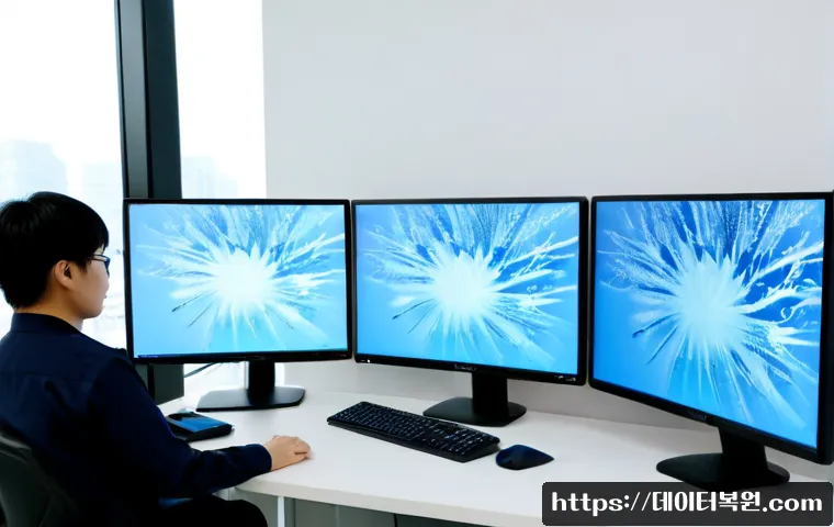 수서동 CLOCK_WATCHDOG_TIMEOUT - Photorealistic IT support workstation in a modern Suseo-dong office tower, dual monitors showing a f...