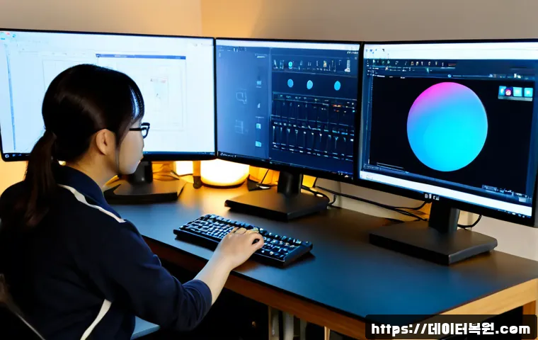혜화동 STATUS_INVALID_THREAD - Photorealistic remote-support workstation in a compact Hyehwa-dong apartment office, dual monitors s...