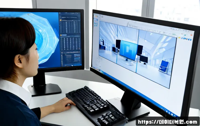 역동 KERNEL_STACK_INPAGE_ERROR - Photorealistic IT support workstation in a modern office, dual monitors showing an abstract frozen i...