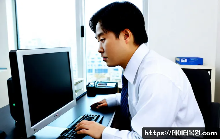 중곡동 IRQL_NOT_LESS_OR_EQUAL - Photorealistic IT support workstation in a compact East Seoul neighborhood office, technician examin...