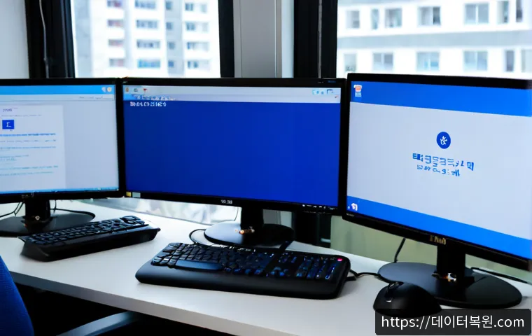 문봉동 WHEA_UNCORRECTABLE_ERROR - Photorealistic IT support workstation in a compact Munbong-dong office, dual monitors showing a blan...