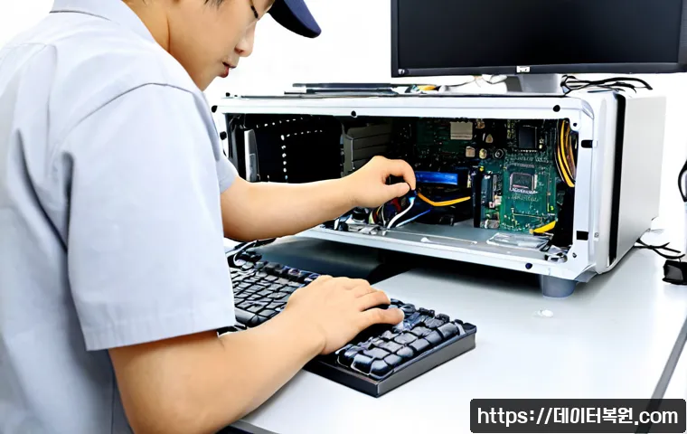 초동 아이맥 판매 및 수리 - Photorealistic electronics repair workshop in Chodong, Seoul, technician carefully servicing a sleek...