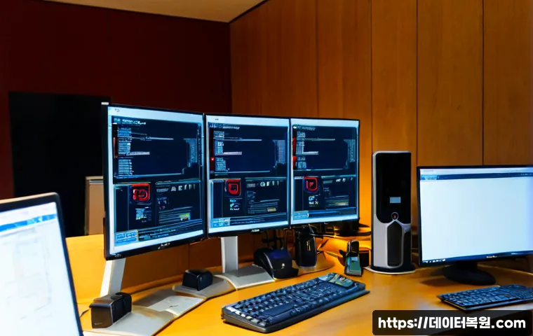 궁정동 STATUS_INVALID_CALLER - Photorealistic IT support workstation in a quiet Jongno district office near historic palace walls, ...