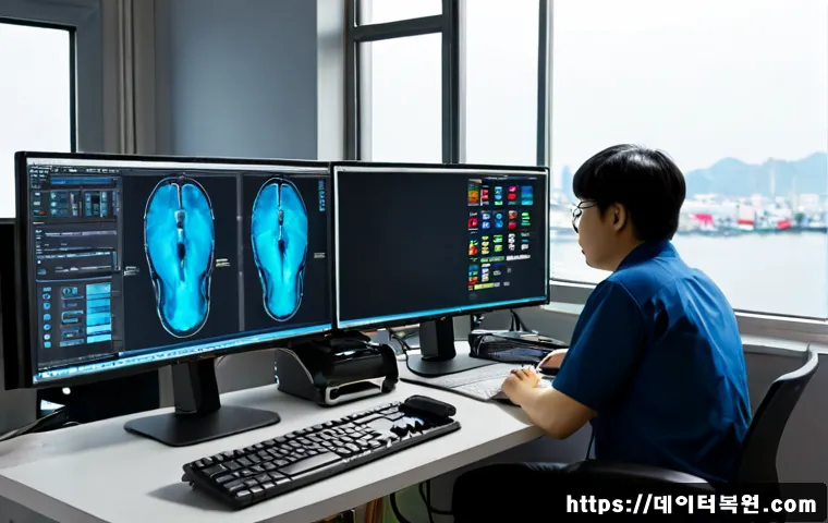 봉래동 WIN32K_LOCK_HELD_TOO_LONG - Photorealistic IT support workstation in a compact harbor-district office, dual monitors showing an ...