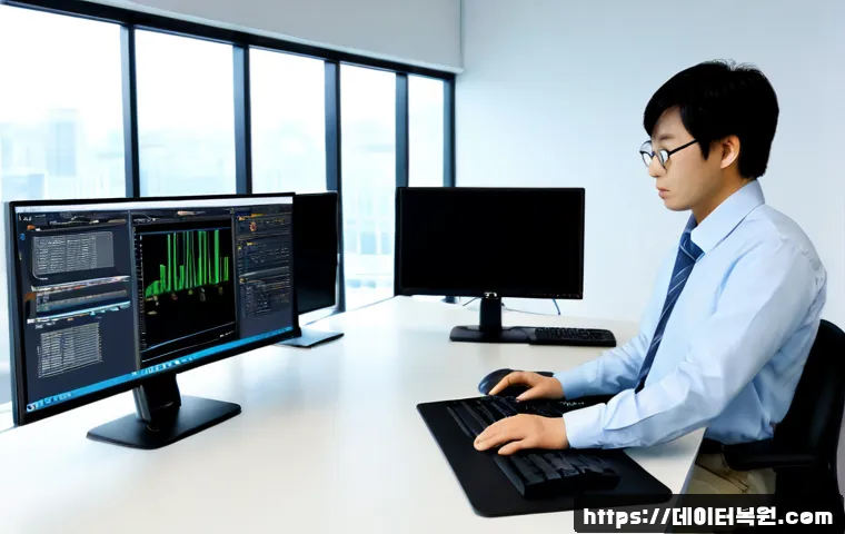 가산동 프로그램응답없음 - Photorealistic IT support workstation in a modern Gasan-dong digital industrial office, dual monitor...