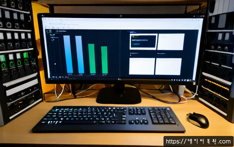 상수동 나스 nas 설정및수리 - Photorealistic IT technician configuring a compact NAS enclosure on a tidy creative studio desk, dua...