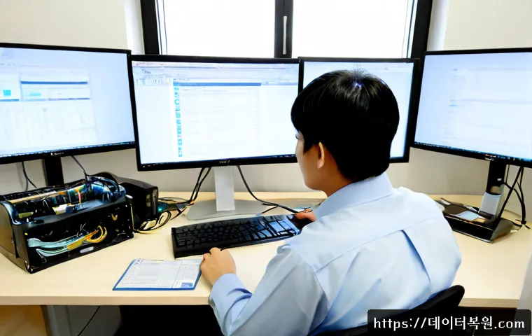 덕이동 DRIVER_CORRUPTED_EXPOOL - Photorealistic IT support workstation in Deogi-dong, Goyang, dual monitors showing abstract blank di...