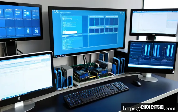 왕십리 STATUS_MEMORY_VIOLATION - Photorealistic IT support workstation in a modern Wangsimni office, dual monitors showing a non-read...