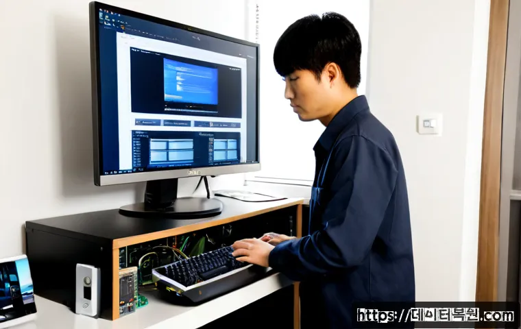 과해동 컴퓨터업그레이드 - Photorealistic computer upgrade workstation in a compact Gwaehae-dong apartment office, technician i...