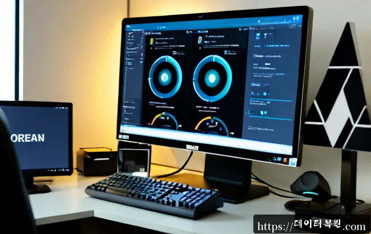 송파구 STATUS_KERNEL_RESOURCE_ERROR - Photorealistic IT support workstation in a modern Songpa district office, dual monitors showing a bl...