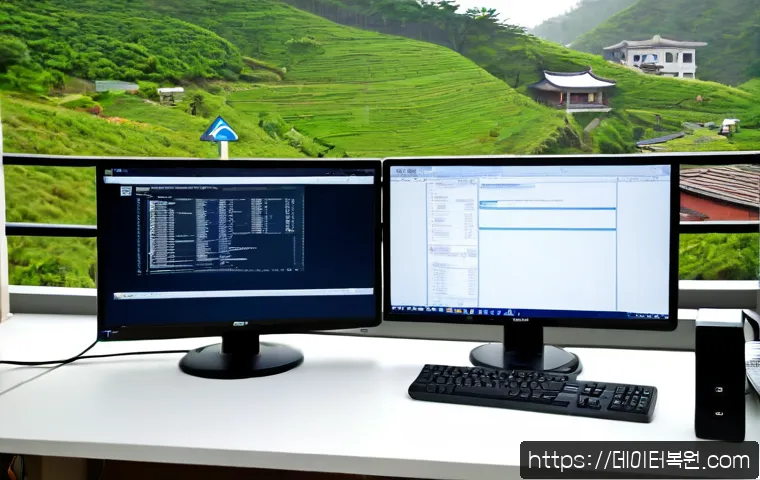 산천동 STATUS_SYSTEM_FILE_MISSING - Photorealistic remote-support workstation in a modest hillside neighborhood apartment, dual monitors...