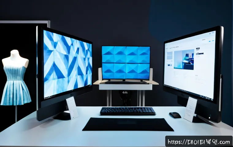 동대문 STATUS_KERNEL_THREAD_FAILURE - Photorealistic fashion design workstation in Dongdaemun-inspired apparel district, dual monitors sho...