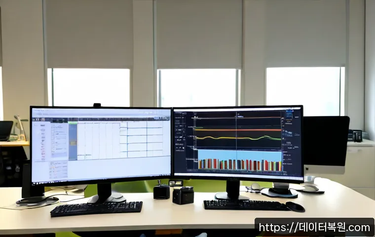 주교동 MEMORY_MANAGEMENT - Photorealistic workstation in a compact Jukyo-dong office, dual monitors showing a clean abstract me...