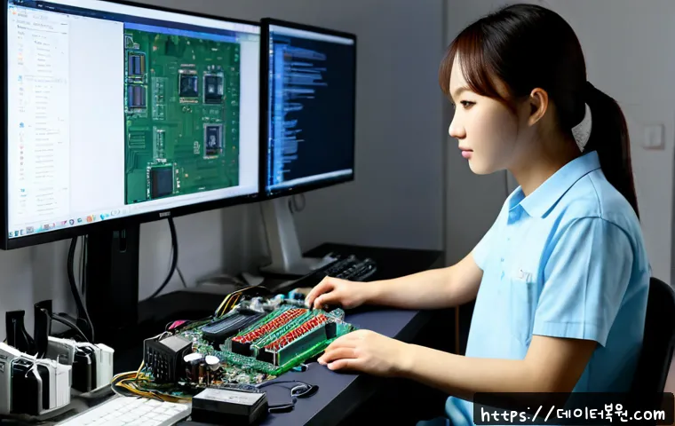대학동 MACHINE_CHECK_EXCEPTION - Photorealistic university-district computer repair workspace, a desktop tower opened beside a dual-m...
