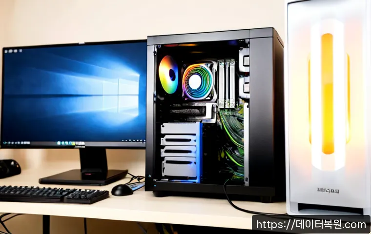 저동 본체 꺼졌다 켜졌다 할때 - Photorealistic PC repair workstation in a compact Jeodong-style office, desktop tower repeatedly pow...