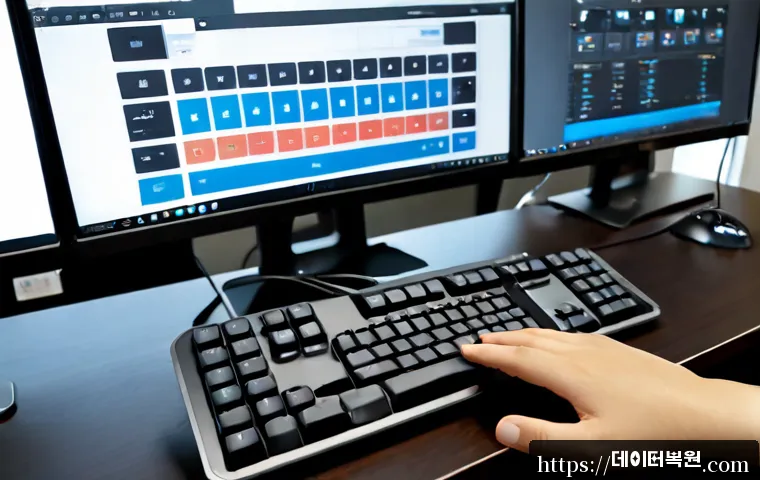 원신동 press  f4  key - Photorealistic remote-support workstation in a compact Wonsin-dong apartment office, close-up of a h...