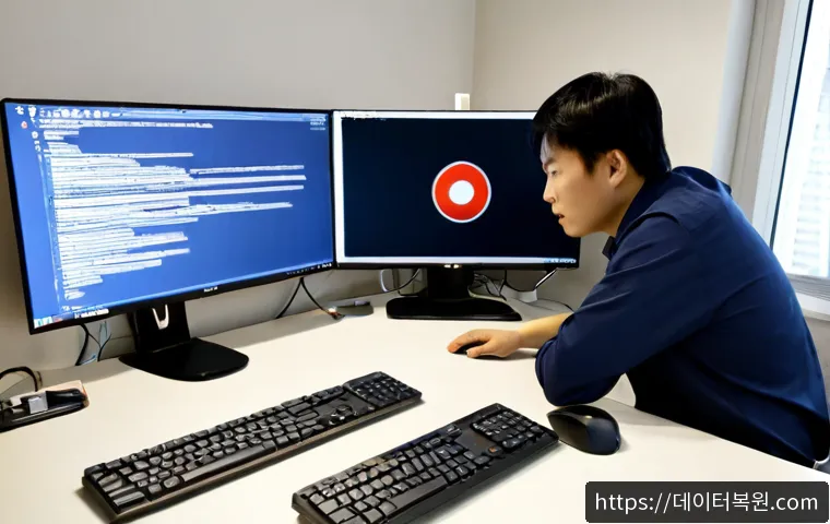 서림동 STATUS_DISK_READ_FAILURE - Photorealistic IT support workstation in a compact Seorim-dong office, dual monitors showing a dark ...