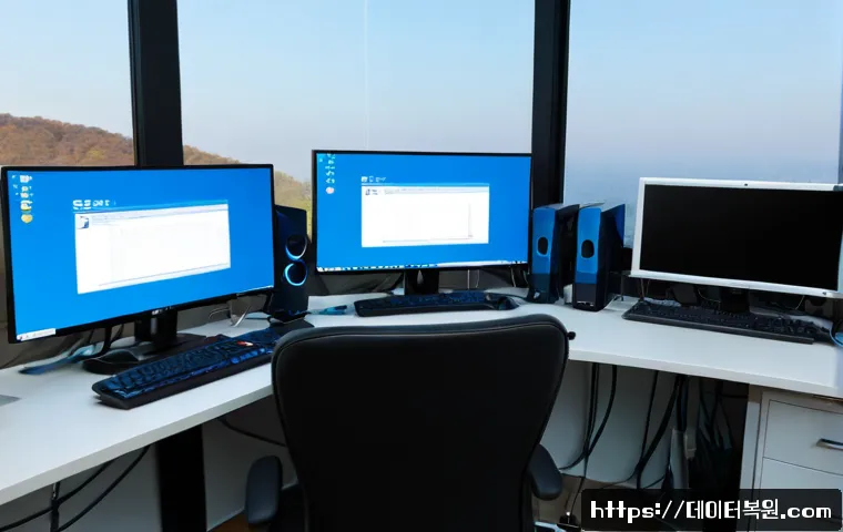 철산동 SYSTEM_SERVICE_EXCEPTION - Photorealistic IT support workstation in a compact Cheolsan-dong office, dual monitors showing a bla...