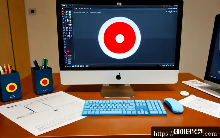 사간동 a disk read error occurred - Photorealistic creative studio workstation in Sagan-dong, Seoul, with a high-end desktop computer sh...