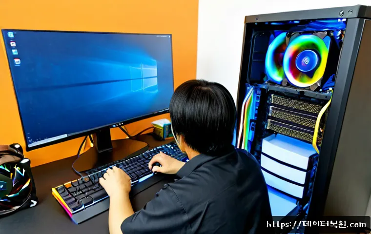 경기광주 쿨러조립 및 교체수리 - Photorealistic computer repair workstation in Gyeonggi Gwangju, technician carefully installing a to...