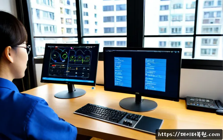 돈의동 NDIS_INTERNAL_ERROR - Photorealistic remote-support workstation in a compact Donuim-dong office, dual monitors showing abs...